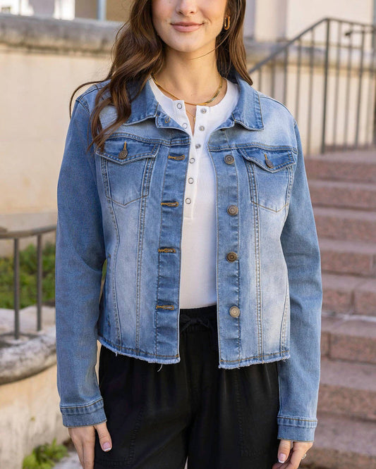 Grace and Lace - Soft Wash Denim Jacket in Mid-Wash