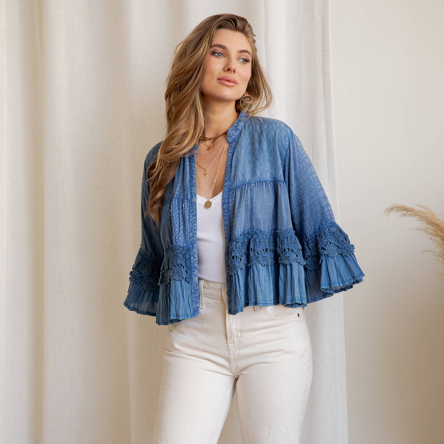 Young Threads - Mineral Wash Tiered Crochet Lace Open Front Shrug - 3 Colors