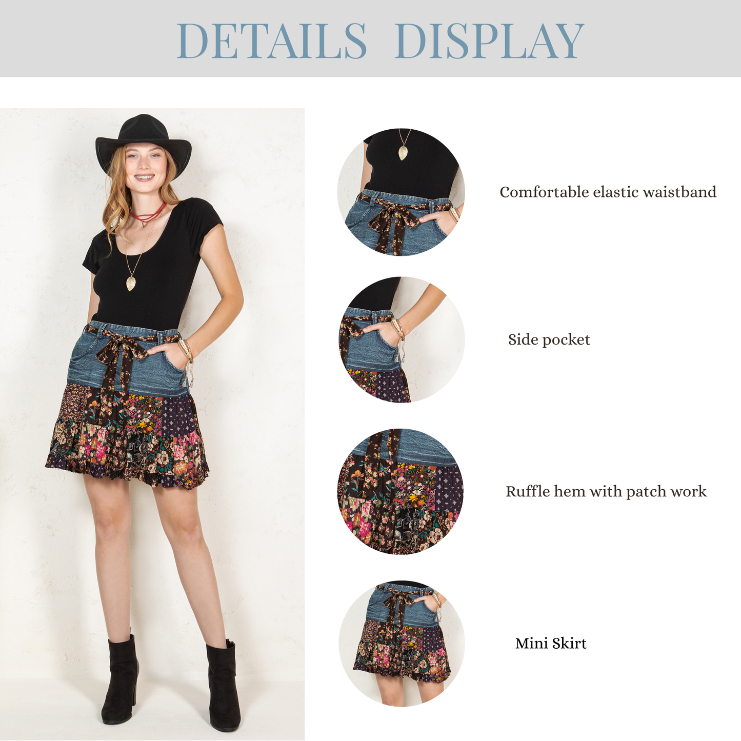 Young Threads - Mini Skirt In Denim With Rayon Prints With Pockets