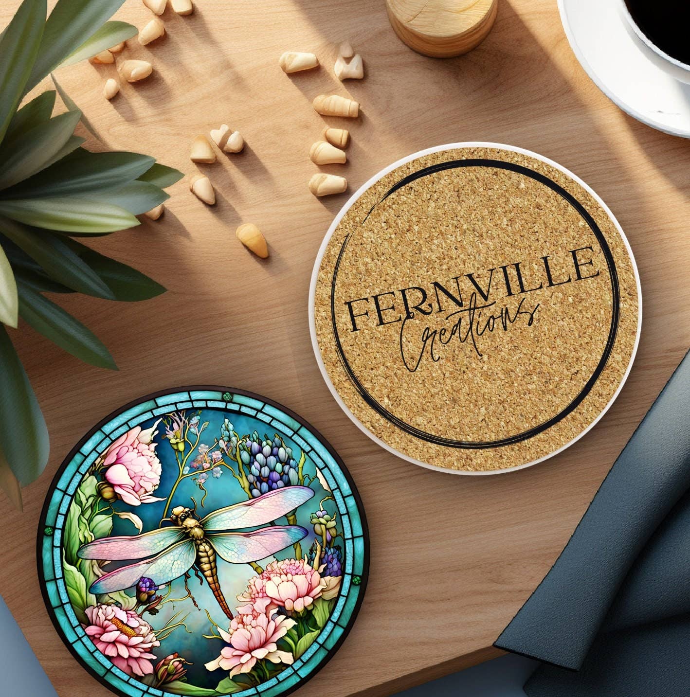 Fernville Creations - Dragonfly Coaster with Pink Flower for Coffee Table Decor