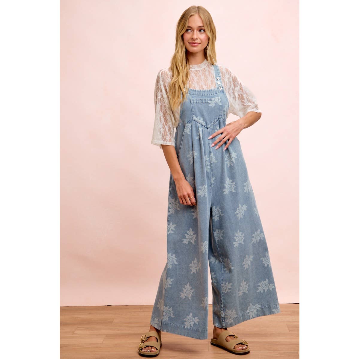 BiBi - ROSE PRINTED WASHED DENIM OVERALLS WITH PLEATS
