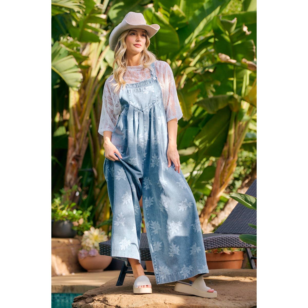 BiBi - ROSE PRINTED WASHED DENIM OVERALLS WITH PLEATS