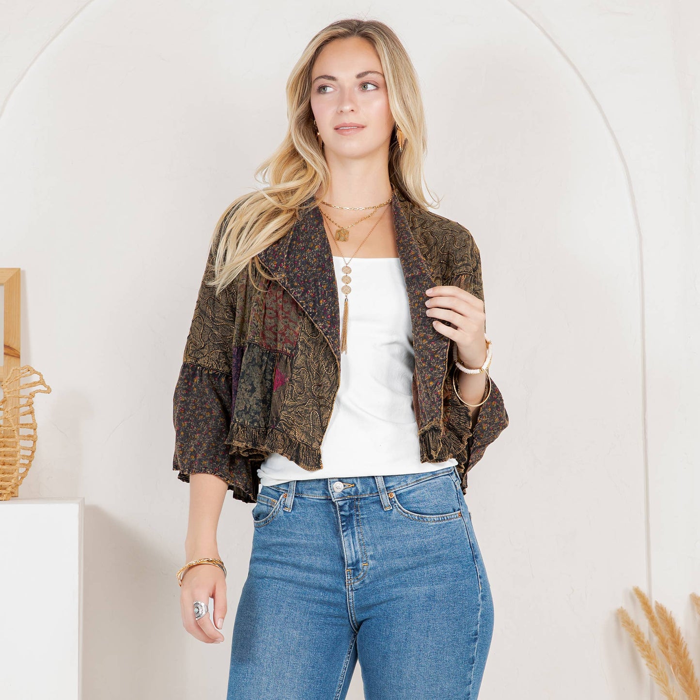 Young Threads - Lapel Detail Cropped Top with Handcrafted Boho Embroidery