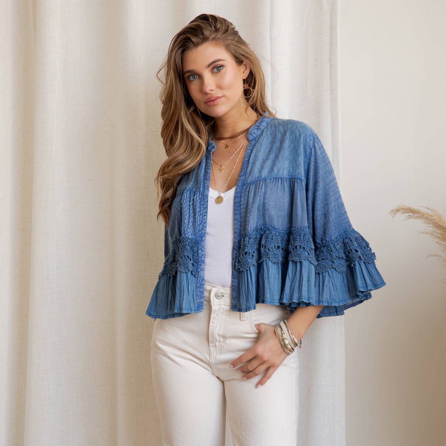 Young Threads - Mineral Wash Tiered Crochet Lace Open Front Shrug - 3 Colors