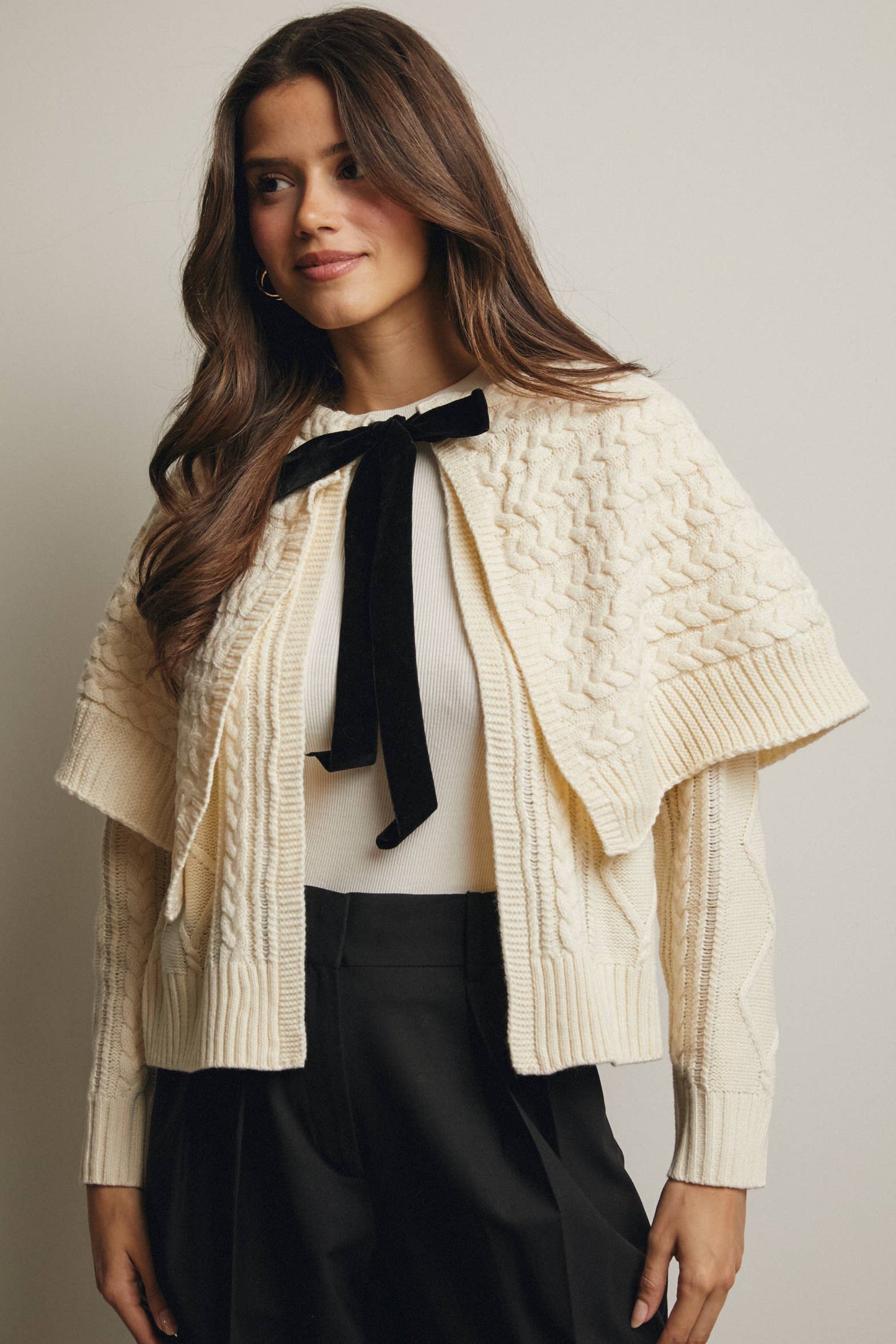 Forte - Cable Knit Capelet Cardigan with Velvet Bow FSW0017