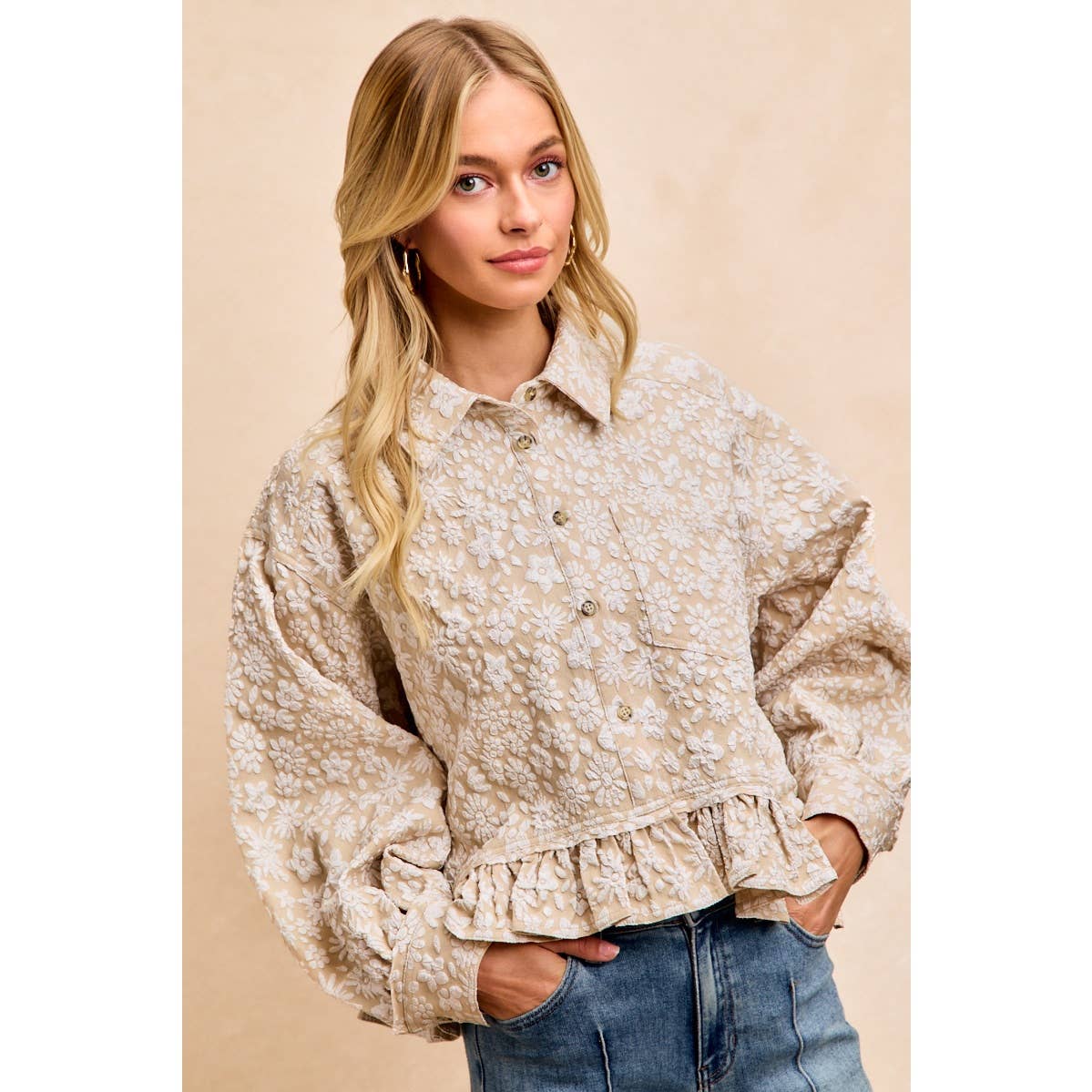 BiBi - TEXTURED FLORAL PATTERN RUFFLED HEM SHIRT TOP