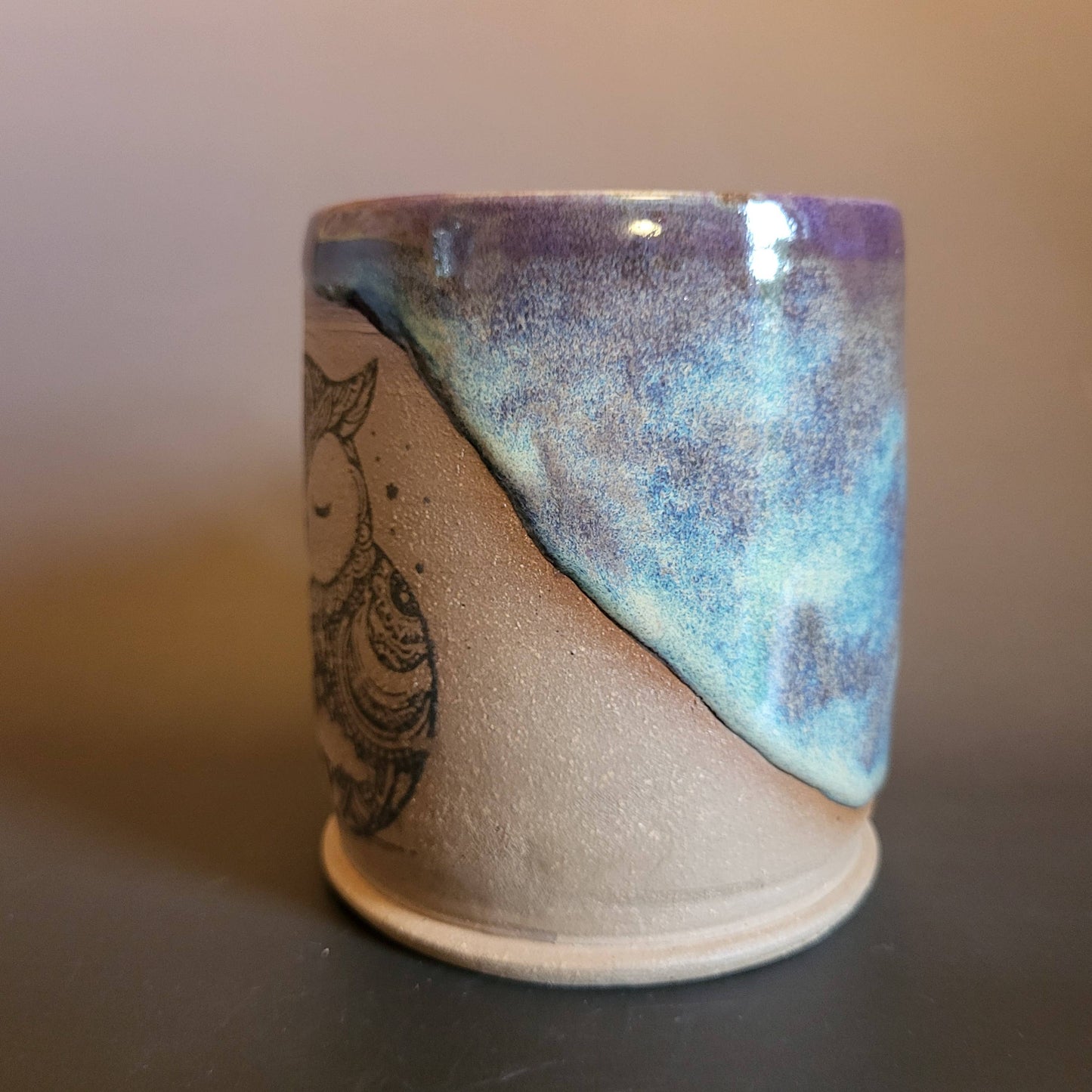 Divine Vessels Pottery - Owl Mug with Sleepy Owl Emblem Purple and Blue Glaze