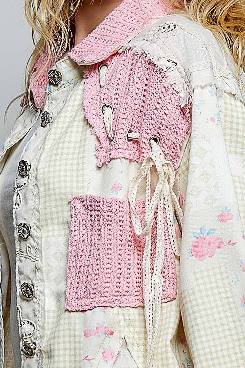 Pol Clothing - Printed Twill Ruffle Hem Lace-Up Cropped Jacket