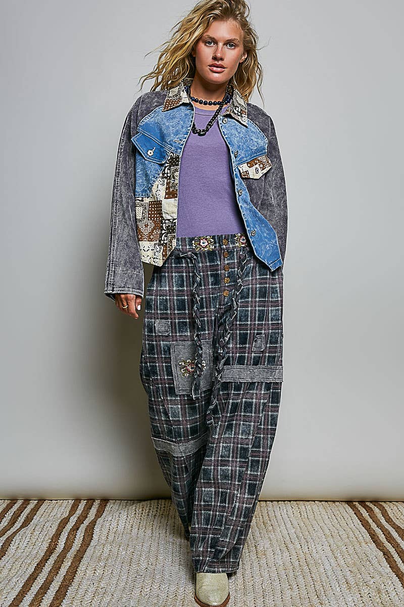 Pol Clothing - Soft Corduroy Sleeves Contrast Cropped Patchwork Jacket