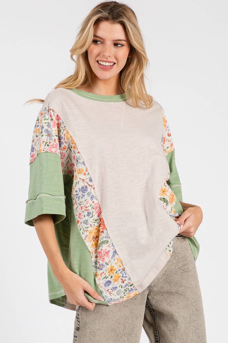 Sewn and Seen - WASHED FLORAL PATCHWORK OVERSIZED CONTRAST TEE