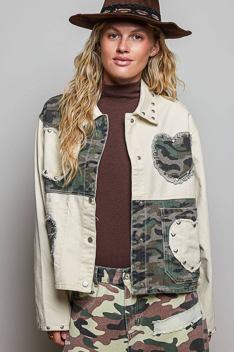 Pol Clothing - Heart-Shaped Patch Pockets Texture Stud Collar Woven Jacket