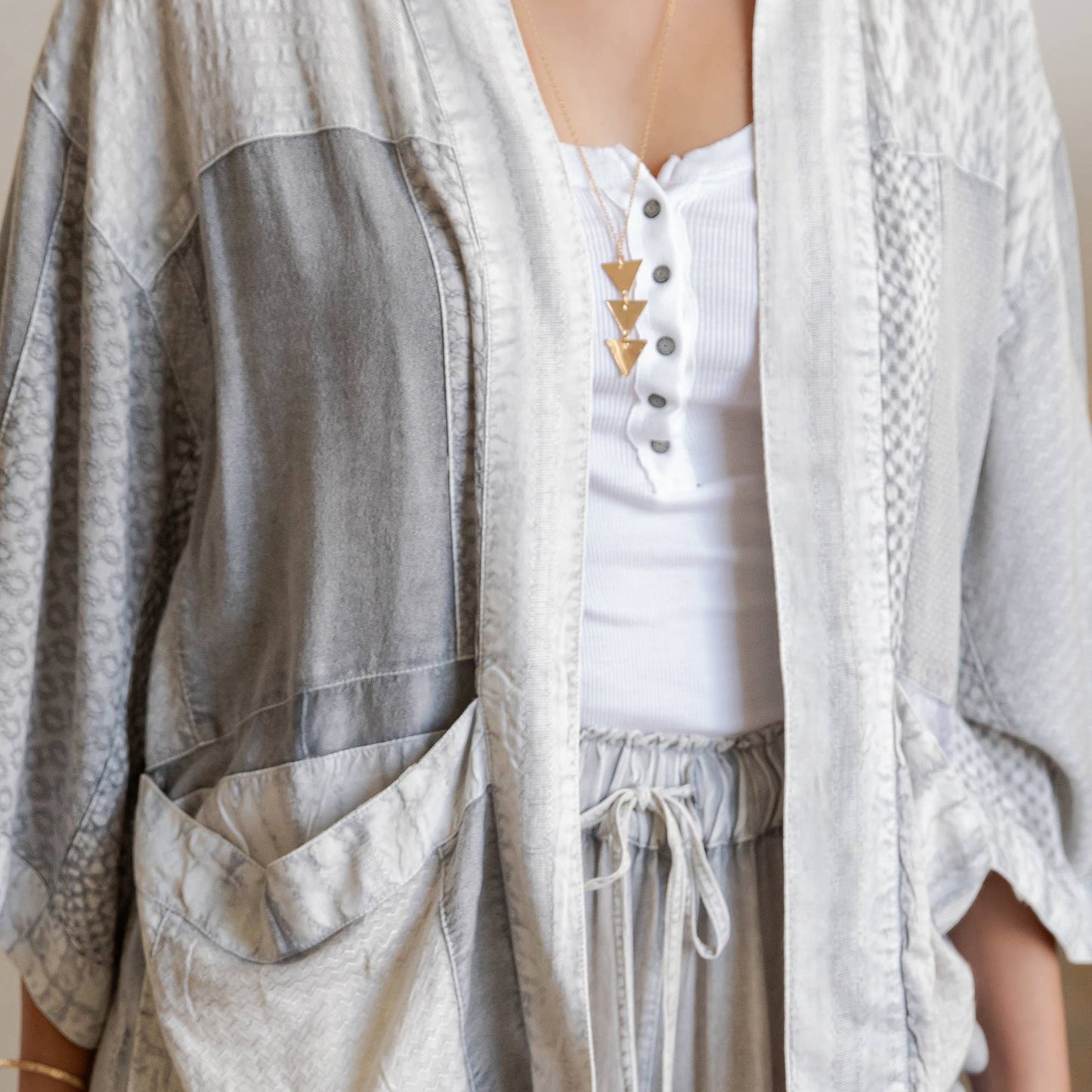 Young Threads - Boho Textured Mixed-Print Kimono with Pouch Pockets
