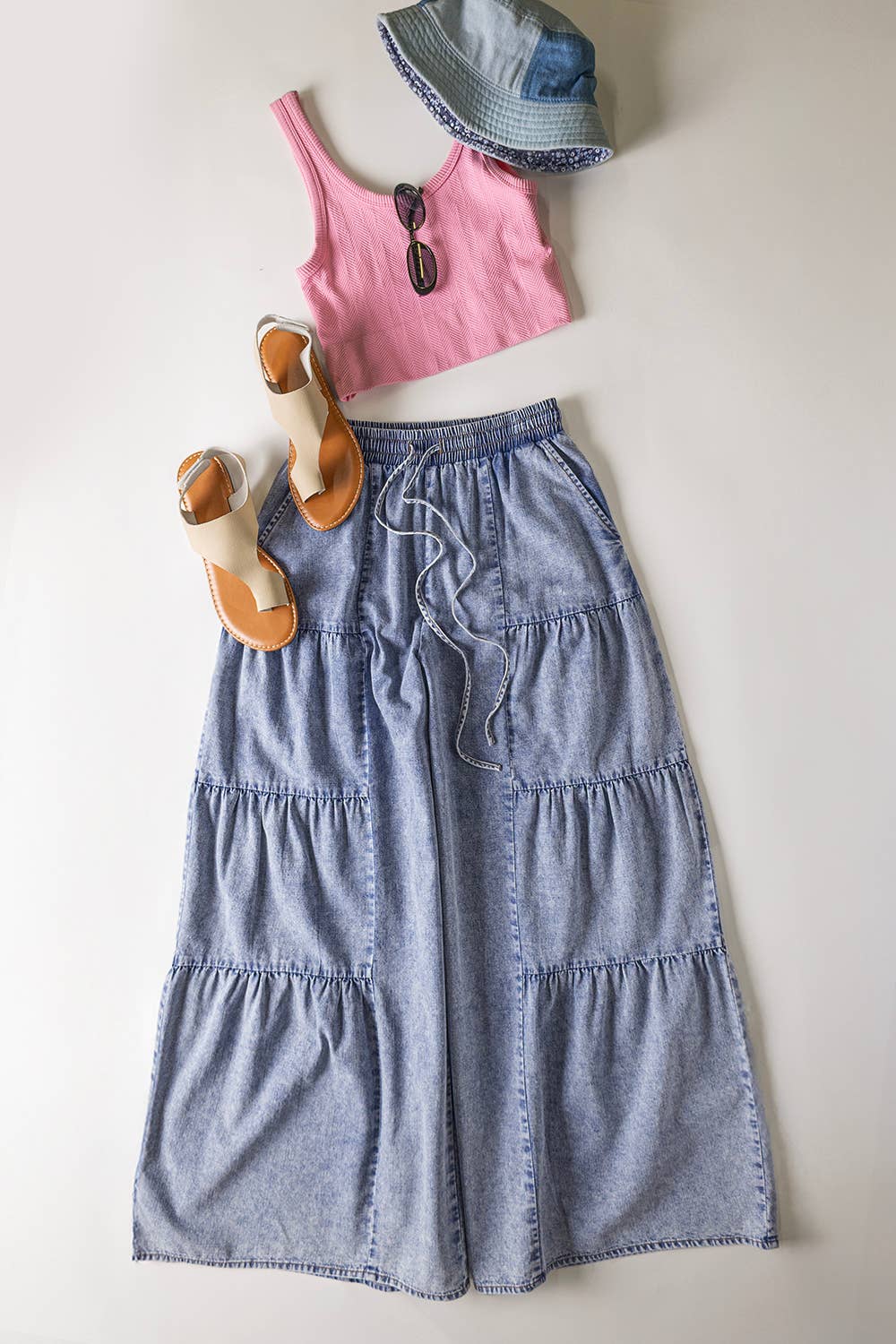 VERY J - NP70989-Tiered Layers Mineral Washed Chambray Pants