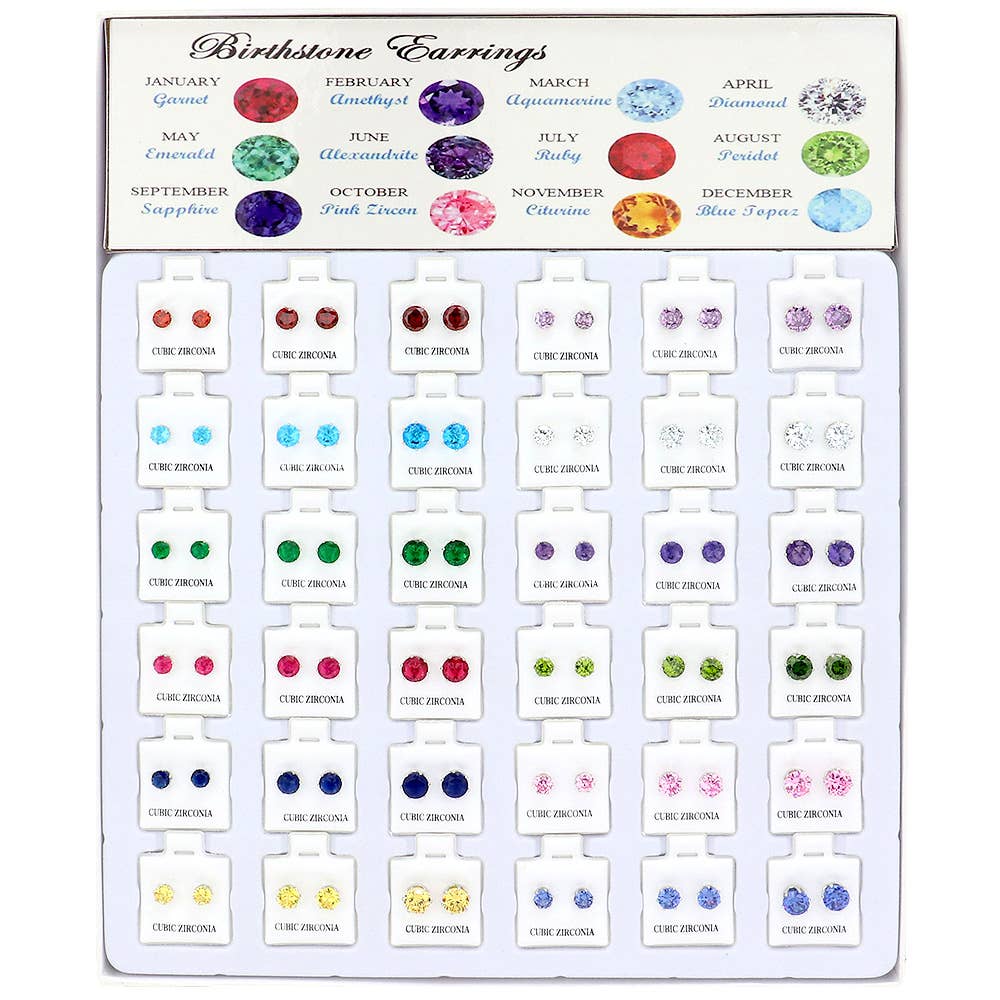 Sensibling Corp. - 36Pairs - CZ Birthstone Stud Earrings