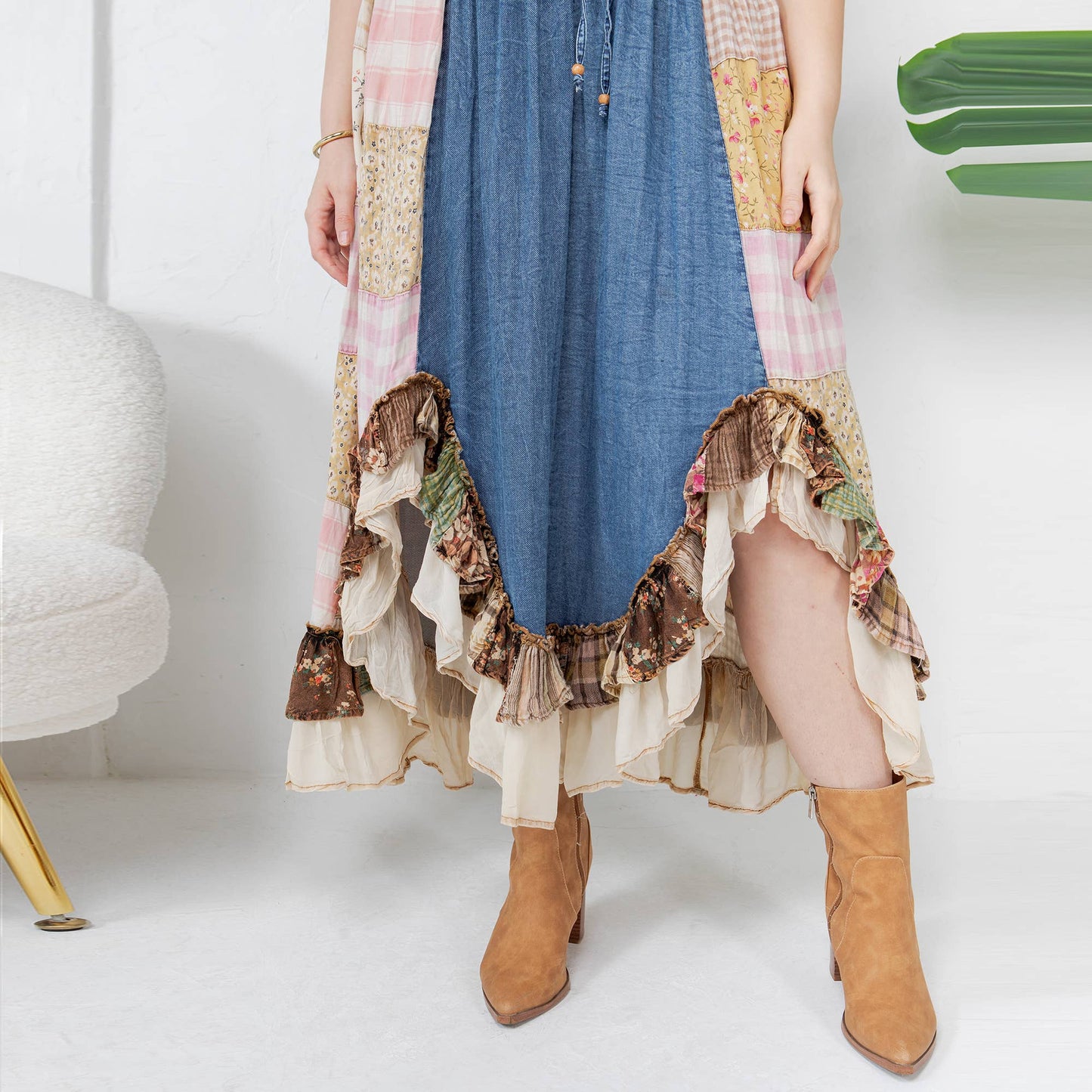 Young Threads - Western Boho Chic: Patchwork Midi Skirt