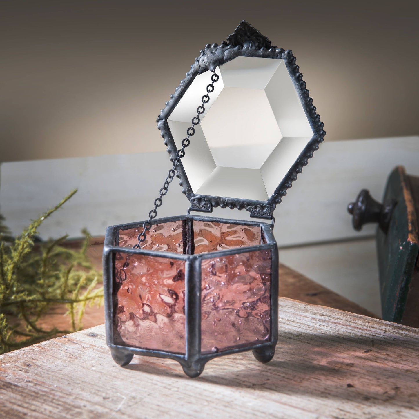 J Devlin Glass Art & Bert Anderson Collection - Jewelry Box Pink Rose Glass - Box 925