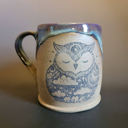 Divine Vessels Pottery - Owl Mug with Sleepy Owl Emblem Purple and Blue Glaze