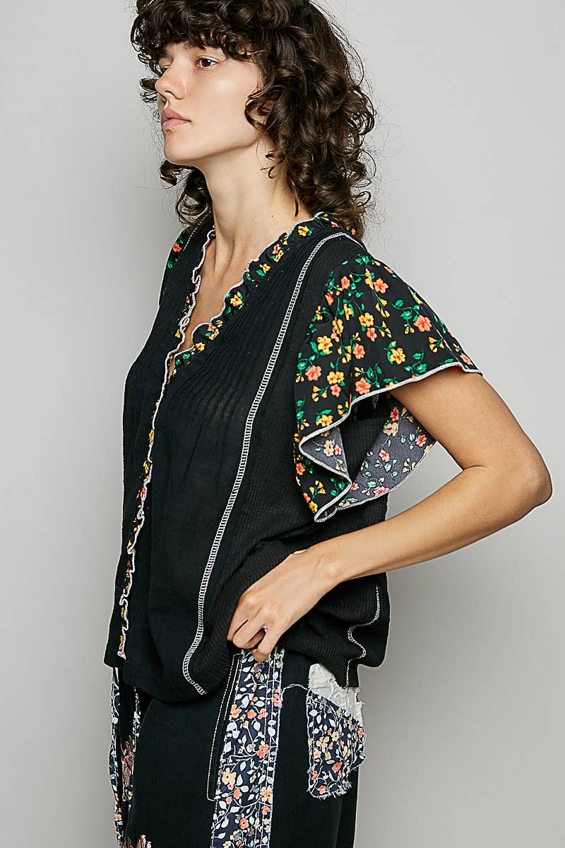 Pol Clothing - V neck Ruffle Sleeve Pintuck Contrast Woven Top