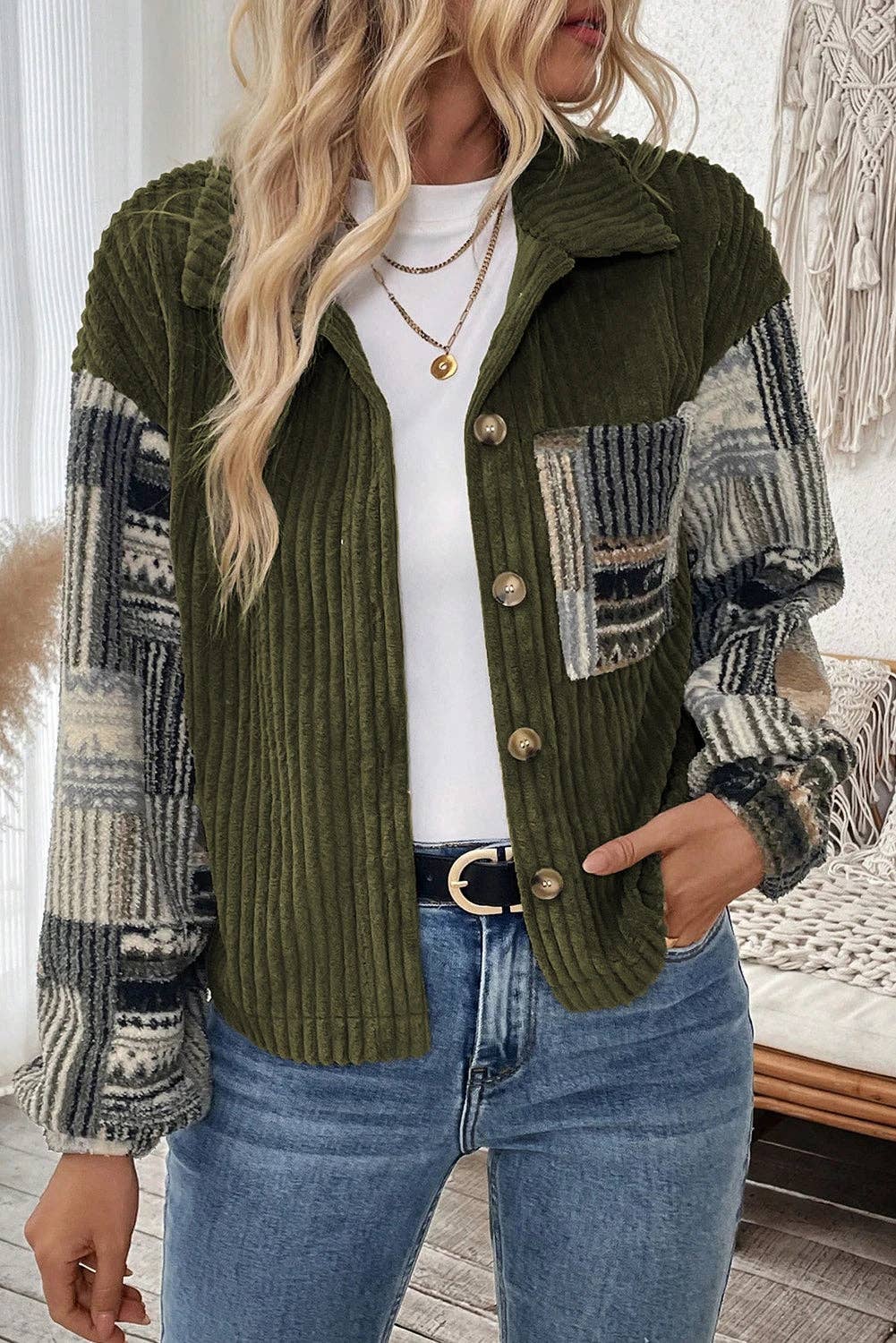Lovesoft - Jungle Green Ribbed Fleece Plaid Print Patchwork Button Up Jacket