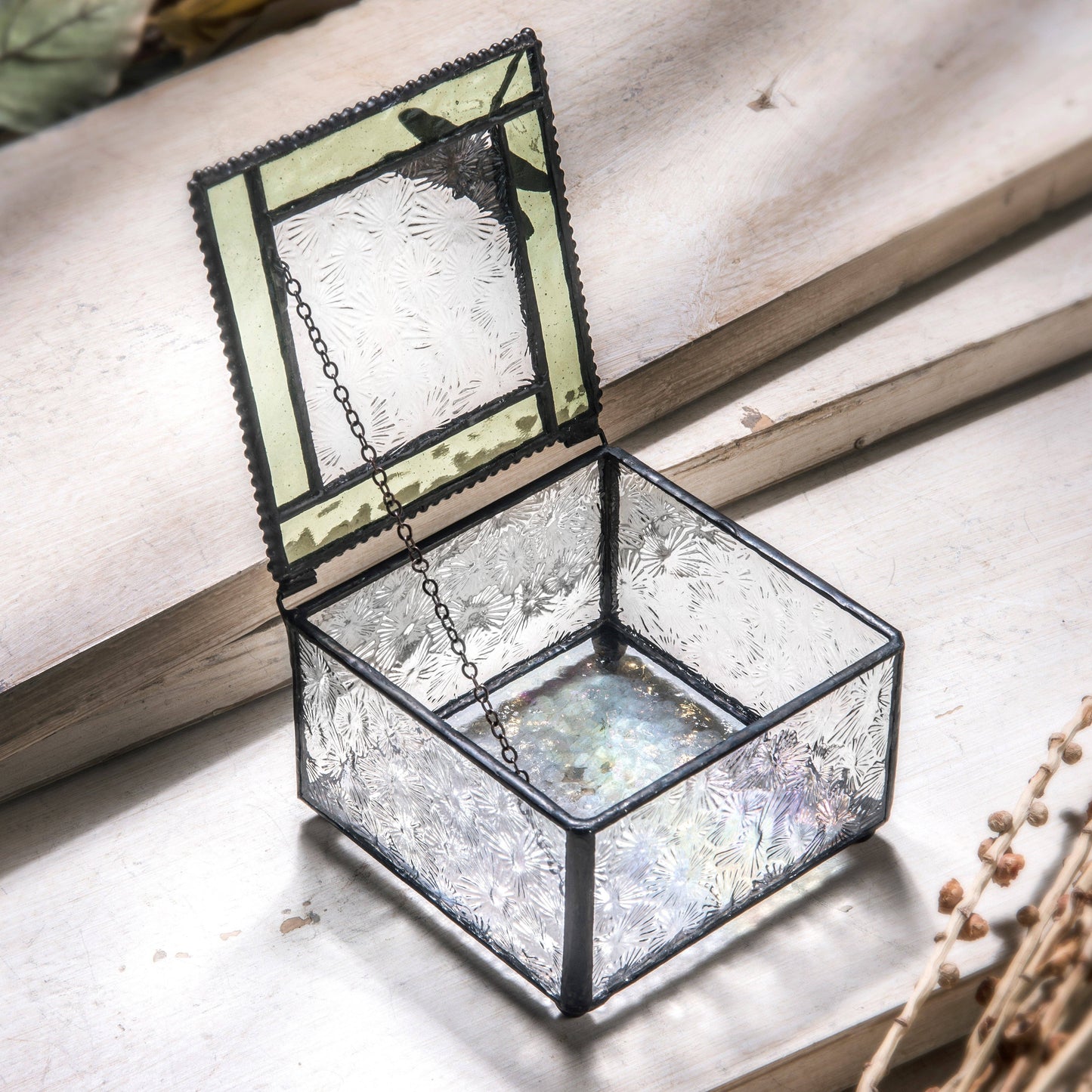 J Devlin Glass Art & Bert Anderson Collection - Box 141 Sage and Clear Florentine Glass Box with Dragonfly Accent