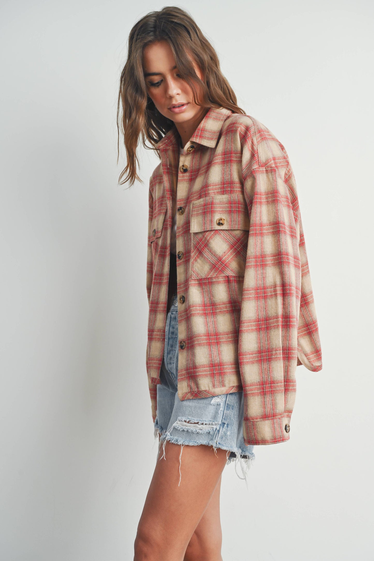 BUTTERMELON - Plaid Long-Sleeve Shirt Jacket - BMJ7328