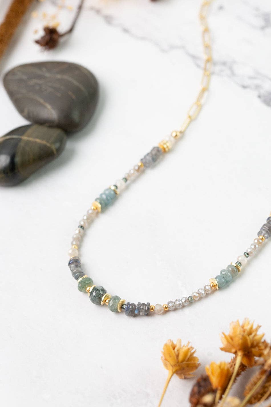Anne Vaughan Designs Jewelry - Equinox 15-17" Aquamarine, Labradorite, Moonstone Collage Necklace