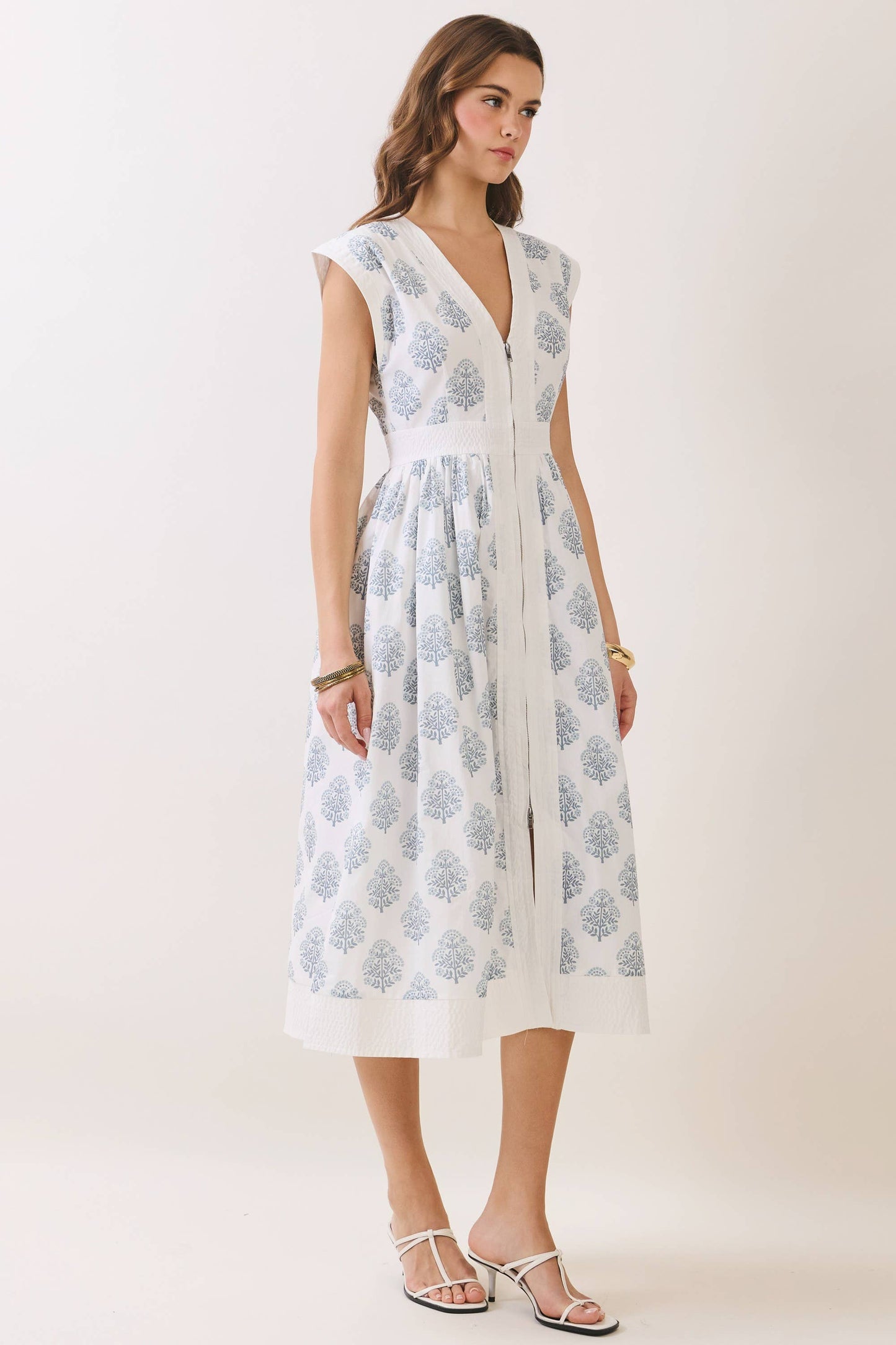 TCEC - CD06937-Floral Print Zipper Front Midi Dress