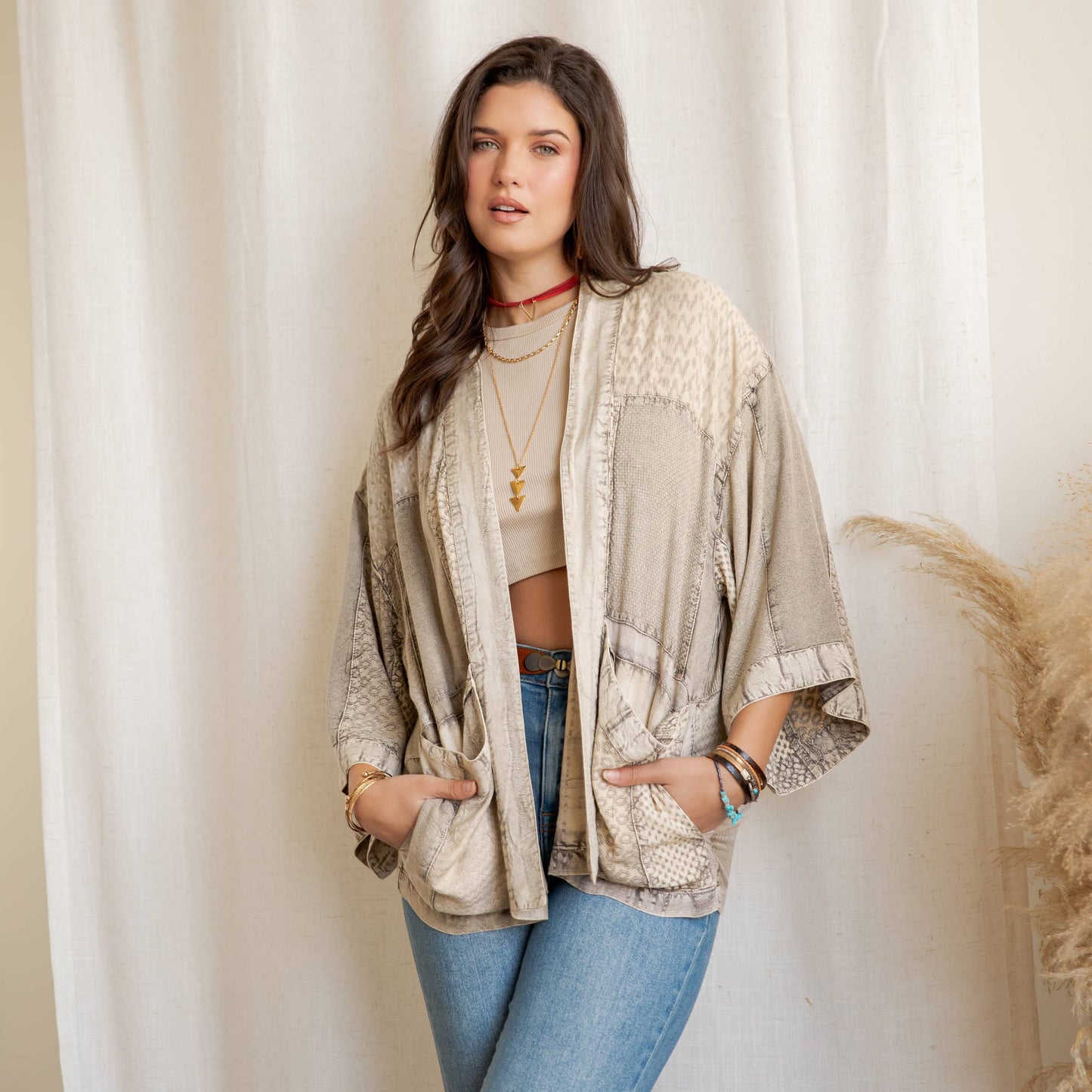 Young Threads - Boho Textured Mixed-Print Kimono with Pouch Pockets