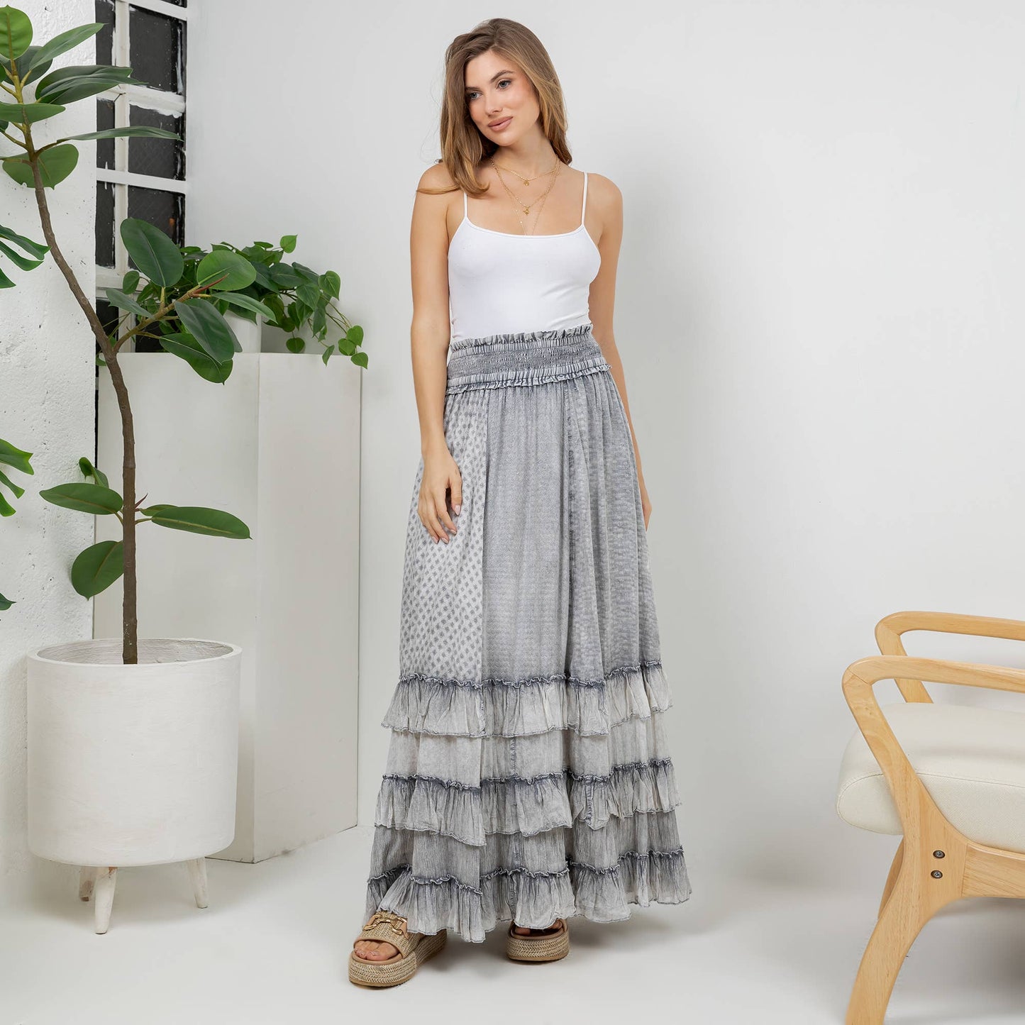 Young Threads - Rustic Textured Smocked Waist Ruffled Tiered Maxi Skirt