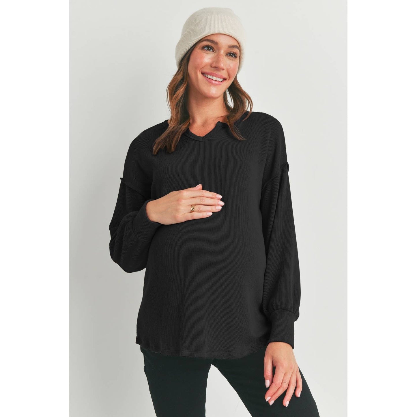 Hello Miz - Split Neck Long Sleeve Maternity Knit Top