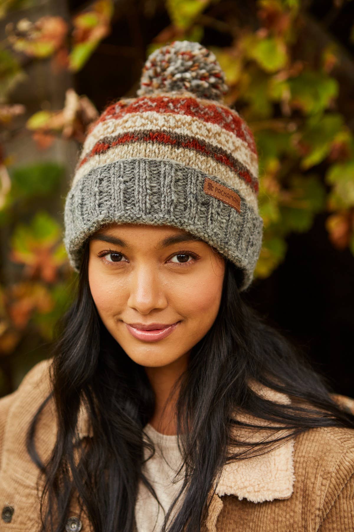 Pachamama Ltd - Classic Fairisle Roll Back Bobble Beanie Grey