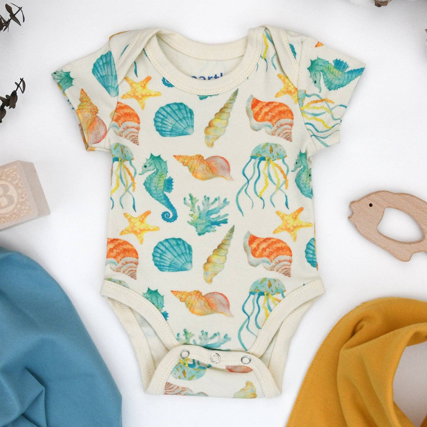 Earthy - Organic Cotton Short Sleeve Baby Bodysuit, Reef
