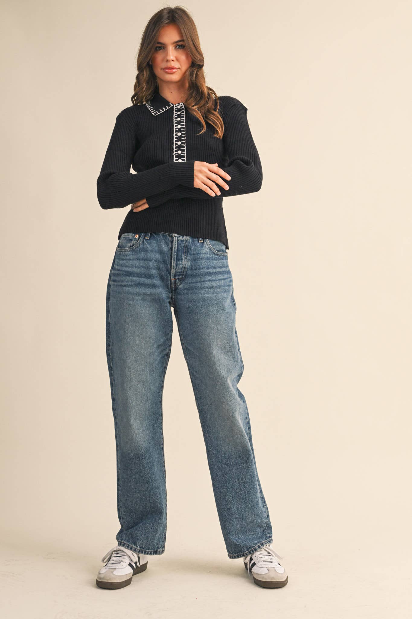 &MERCI - COLLARED RIBBED SWEATER WITH CONTRAST STITCH MSW11233