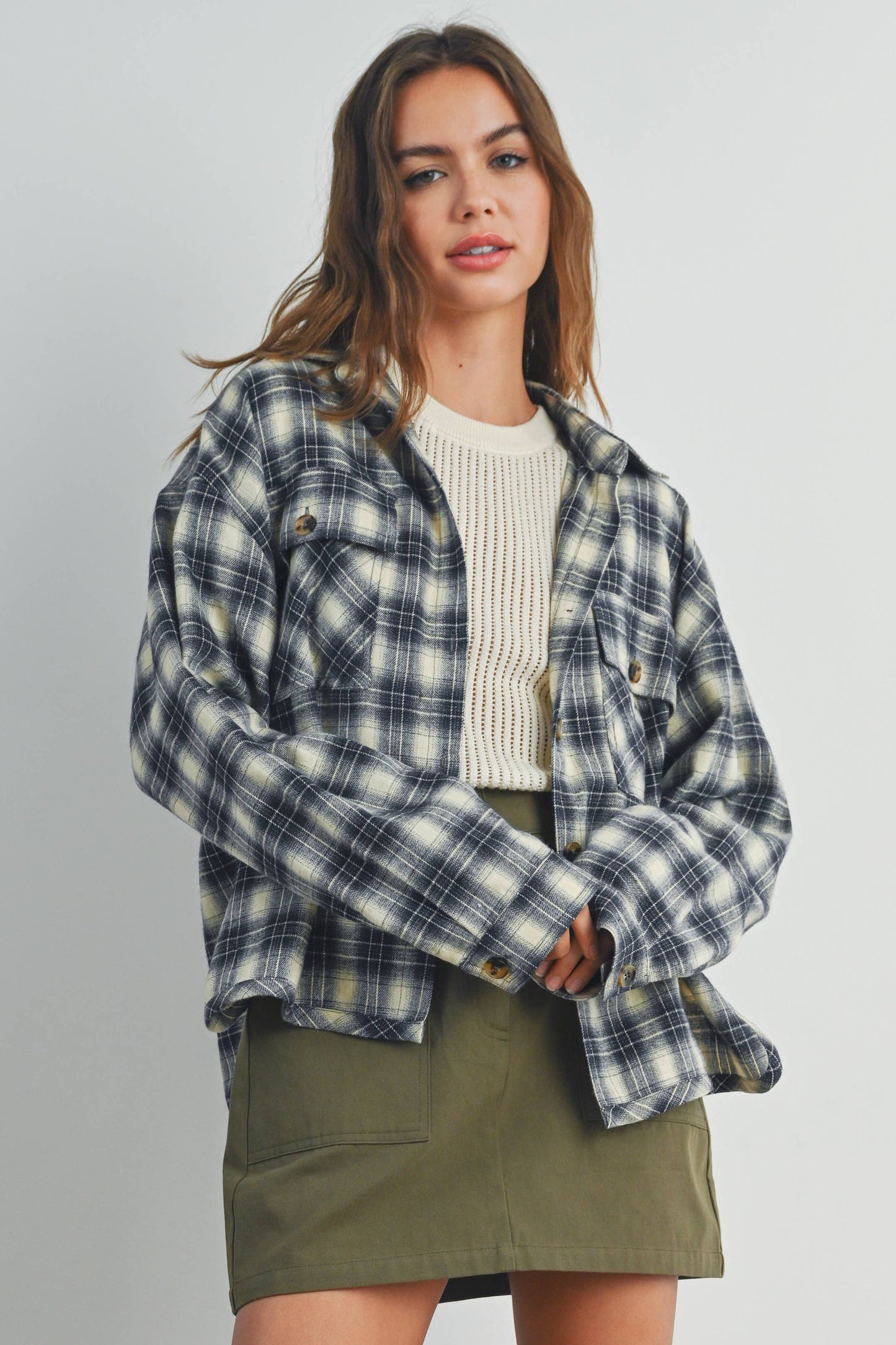 BUTTERMELON - Plaid Long-Sleeve Shirt Jacket - BMJ7328