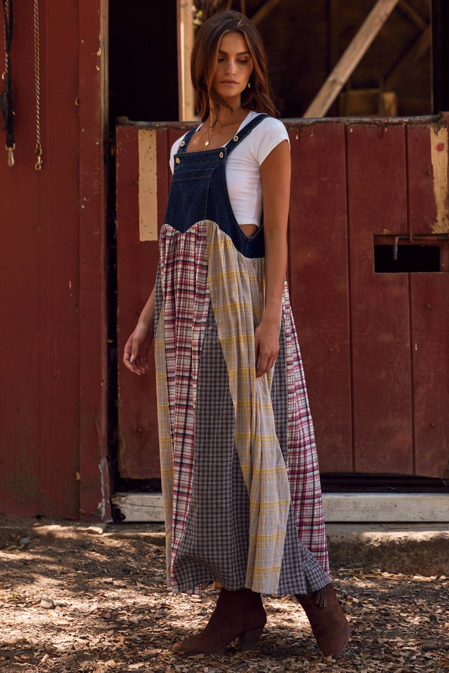 Oddi - Patchwork Plaid Overall Dress