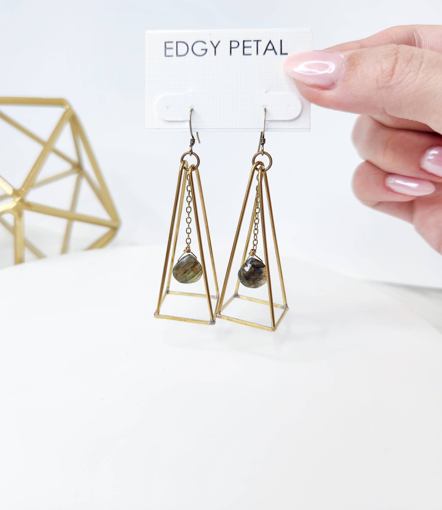 Edgy Petal Jewelry - Labradorite Brass Pyramid Gemstone Earrings 3-D Statement