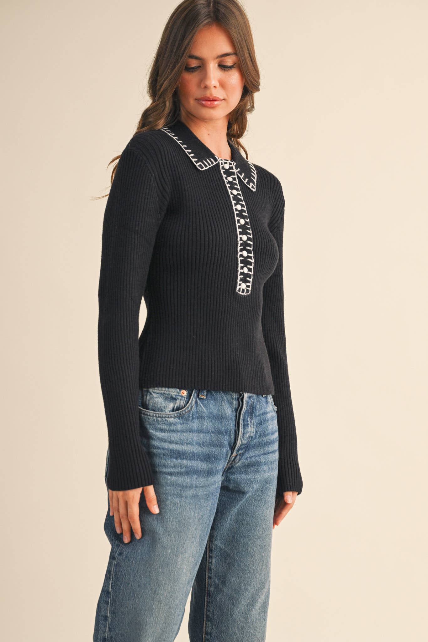 &MERCI - COLLARED RIBBED SWEATER WITH CONTRAST STITCH MSW11233