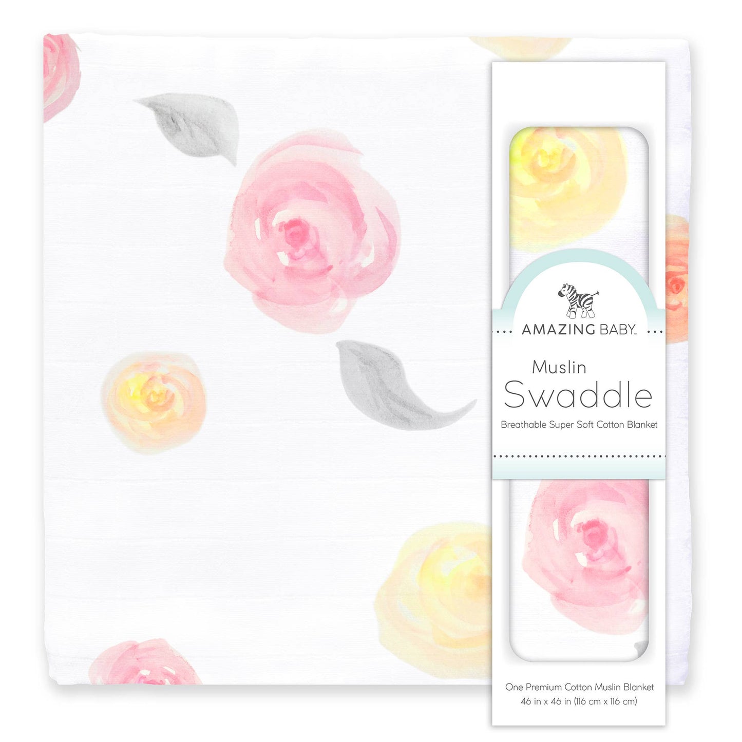 SwaddleDesigns - Watercolor Roses Muslin Swaddle Blanket, Premium Cotton