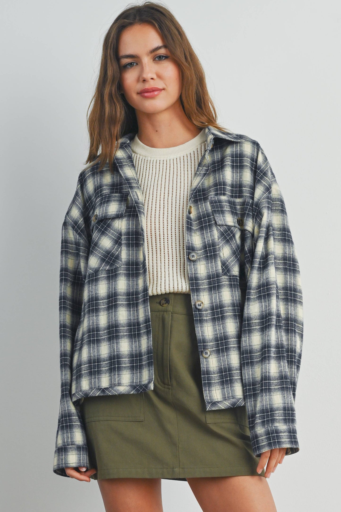 BUTTERMELON - Plaid Long-Sleeve Shirt Jacket - BMJ7328