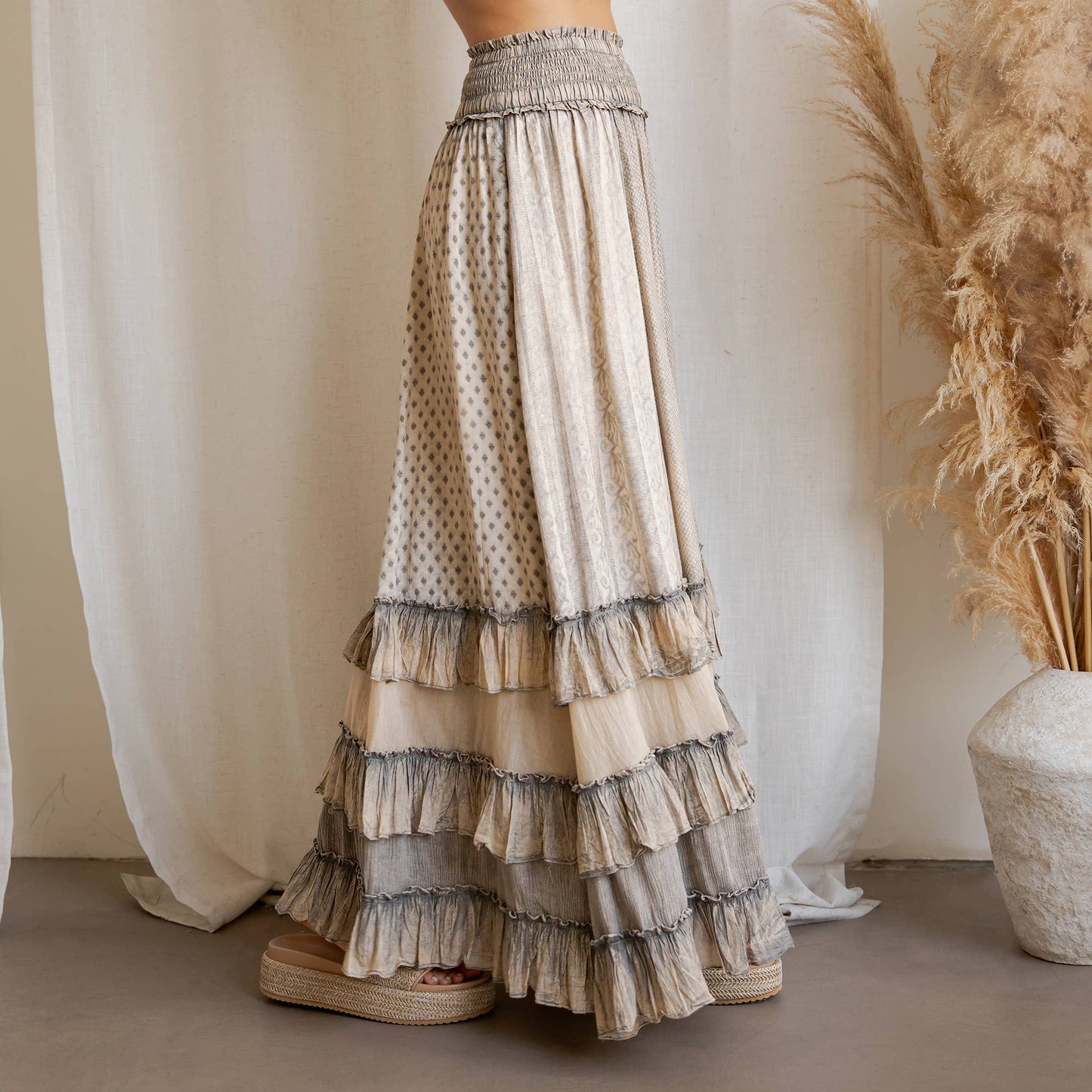 Young Threads - Rustic Textured Smocked Waist Ruffled Tiered Maxi Skirt