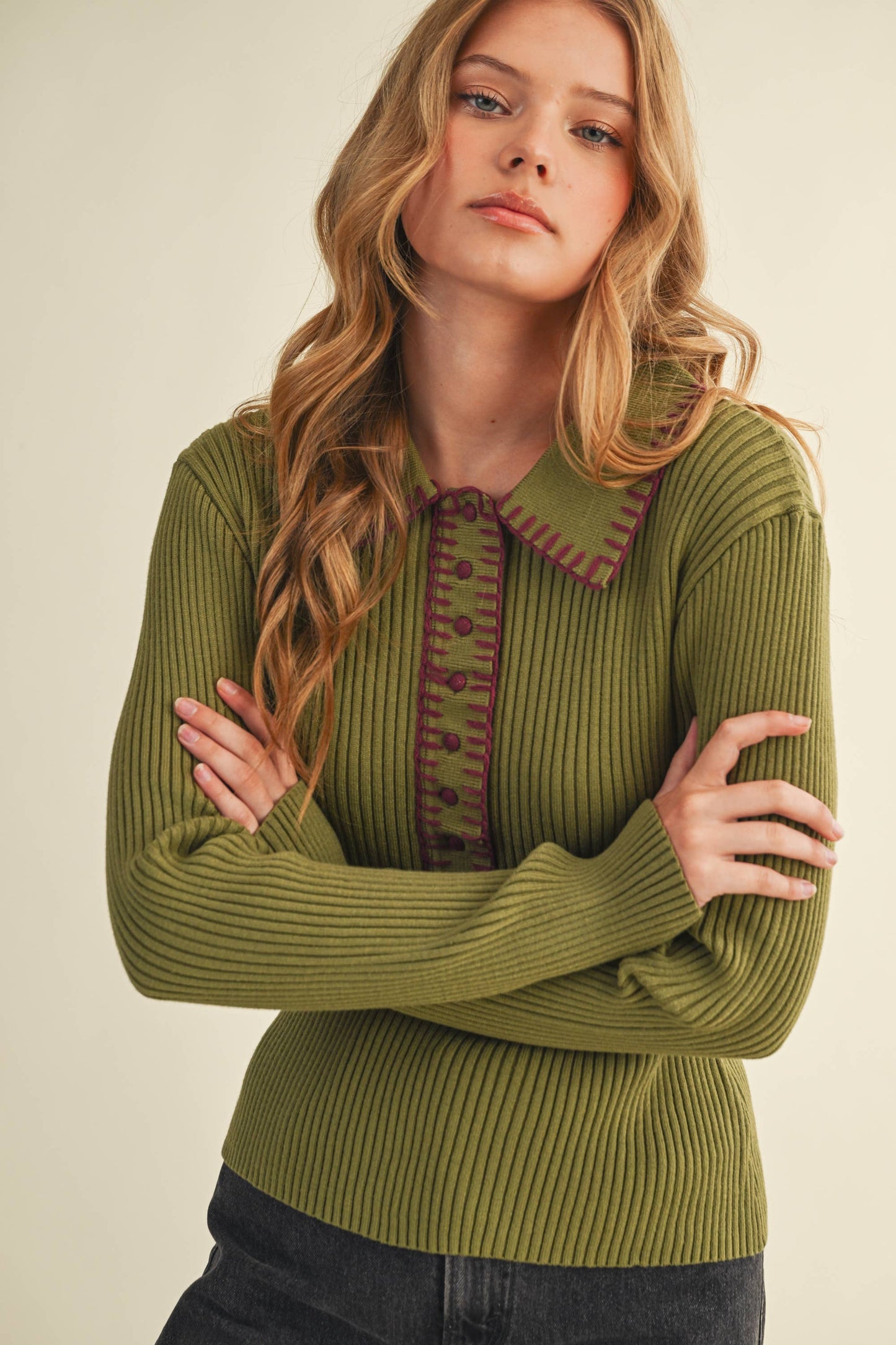 &MERCI - COLLARED RIBBED SWEATER WITH CONTRAST STITCH MSW11233