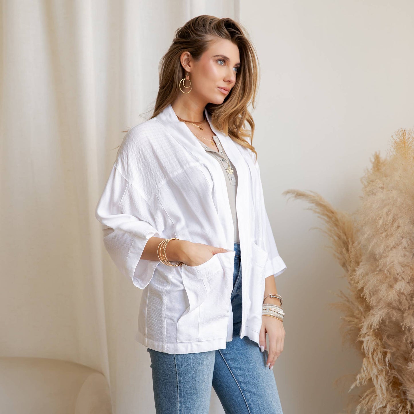 Young Threads - Boho Textured Mixed-Print Kimono with Pouch Pockets