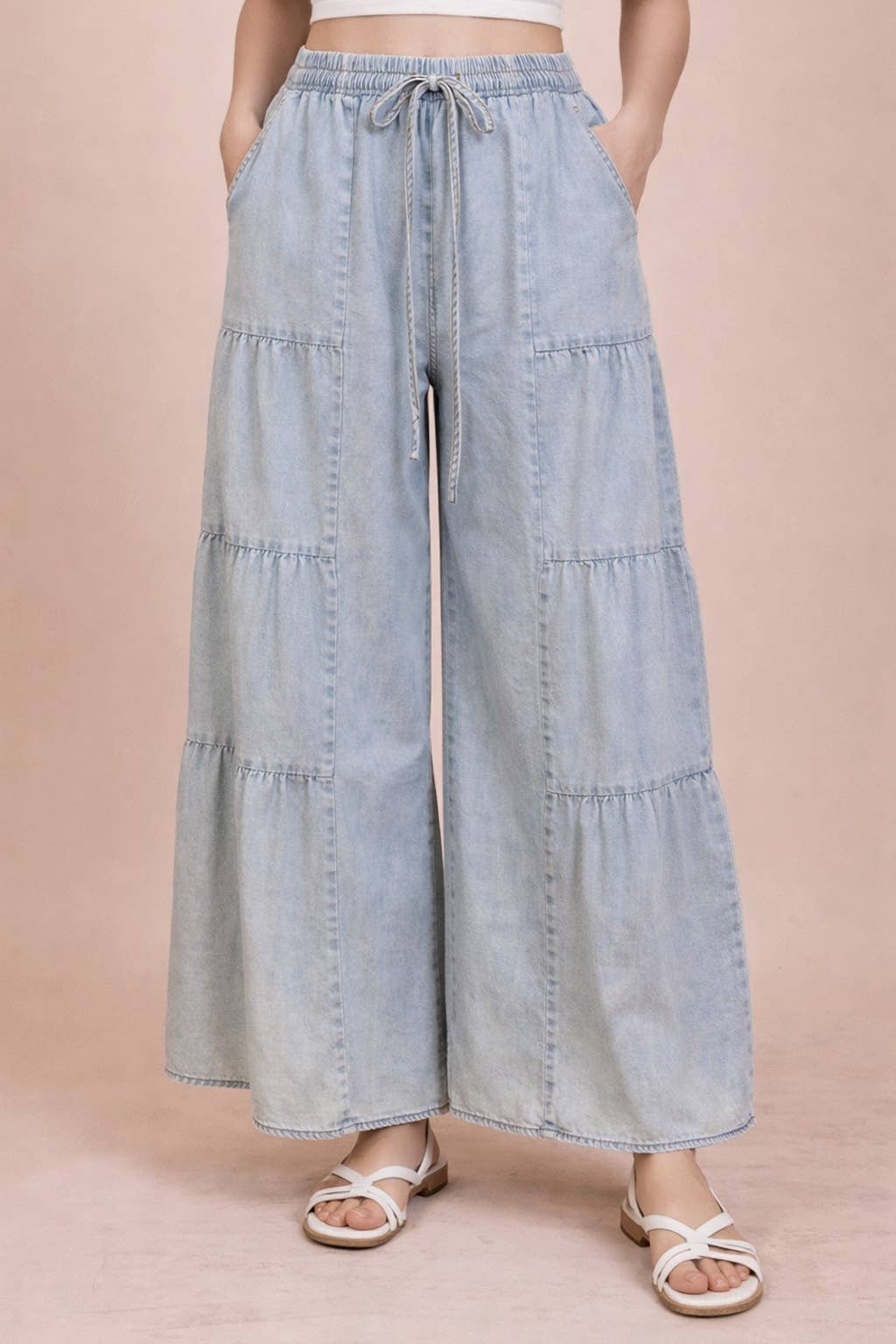 VERY J - NP70989-Tiered Layers Mineral Washed Chambray Pants