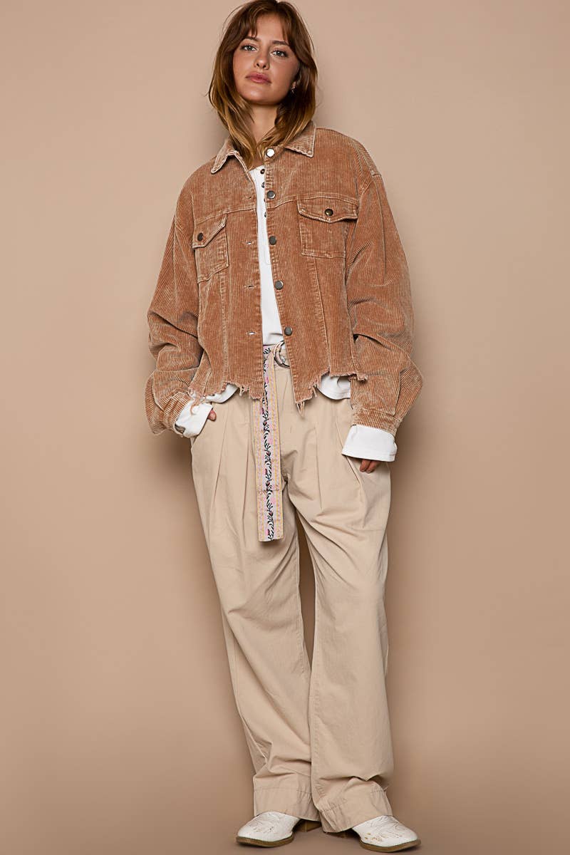 Pol Clothing - Pocket front button down distressed hem corduroy jacket