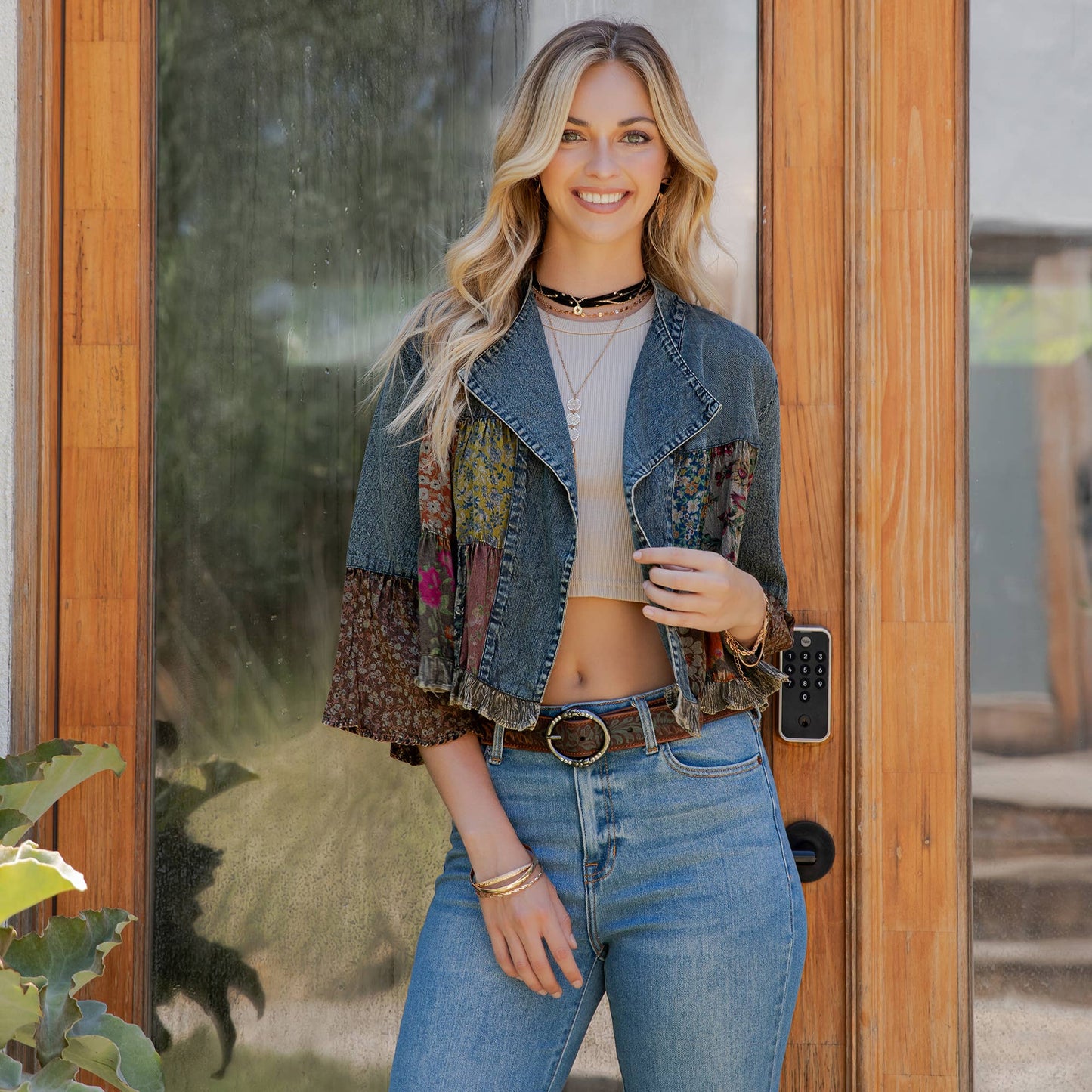 Young Threads - Lapel Detail Cropped Top with Handcrafted Boho Embroidery