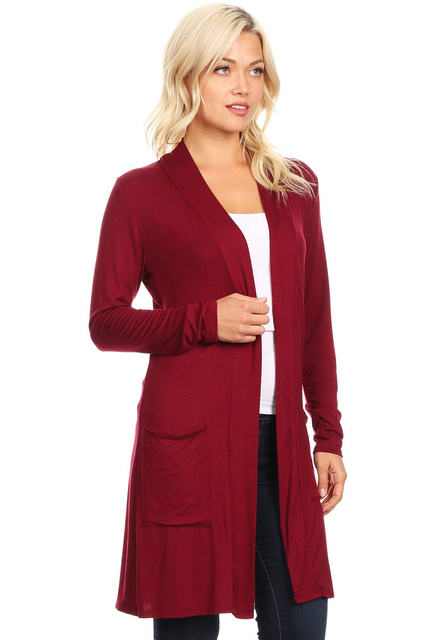 Women's Long Sleeves Side Pockets Solid Cardigan (Open Pack): Large / Plum