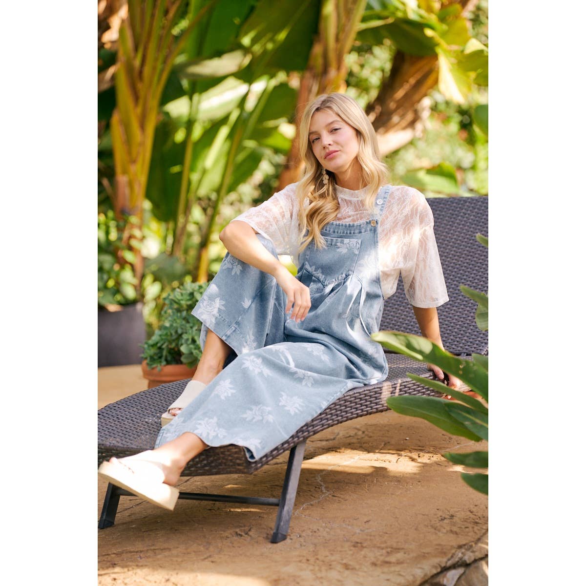 BiBi - ROSE PRINTED WASHED DENIM OVERALLS WITH PLEATS