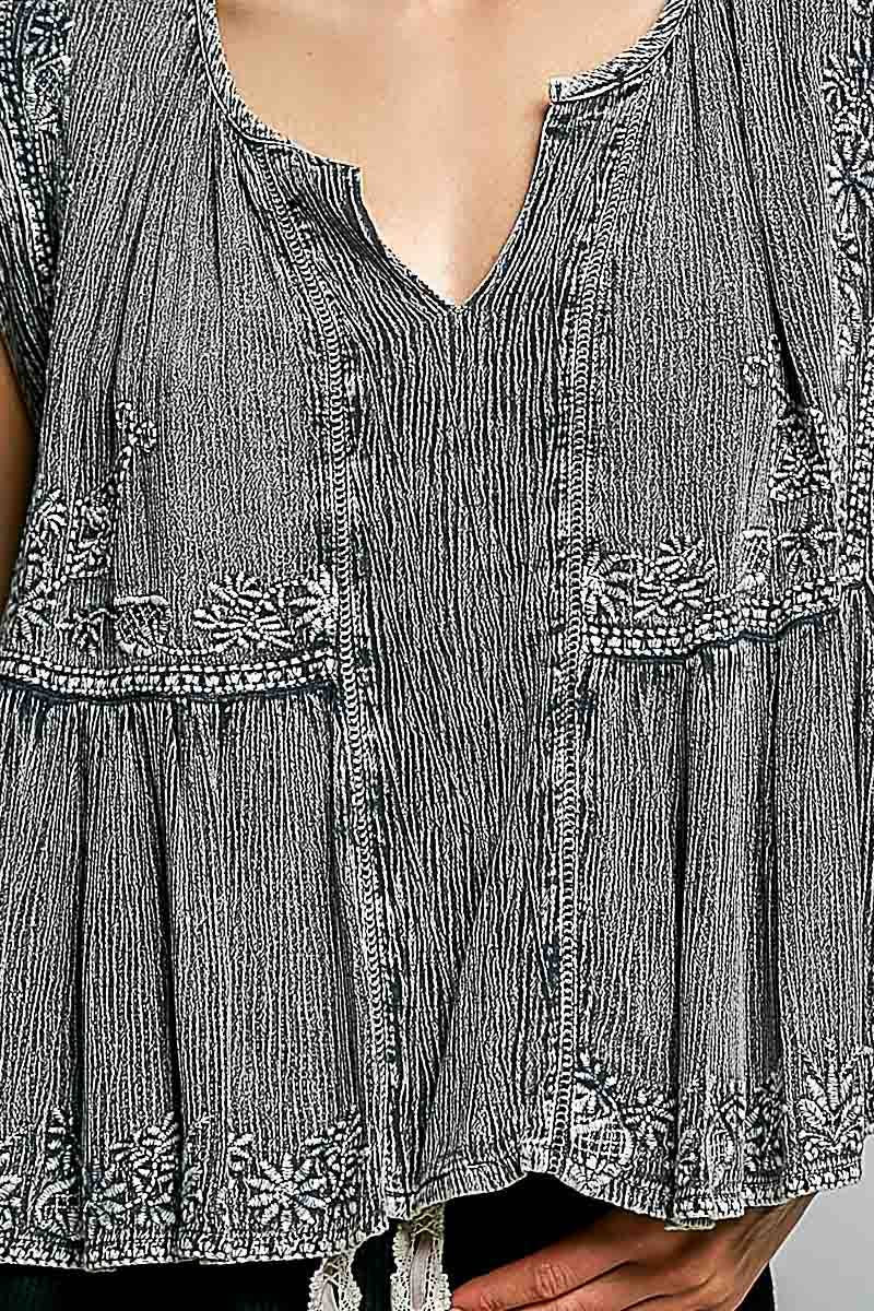 Pol Clothing - V-neck Sleeveless Vintage Washing Solid Linen Woven Top