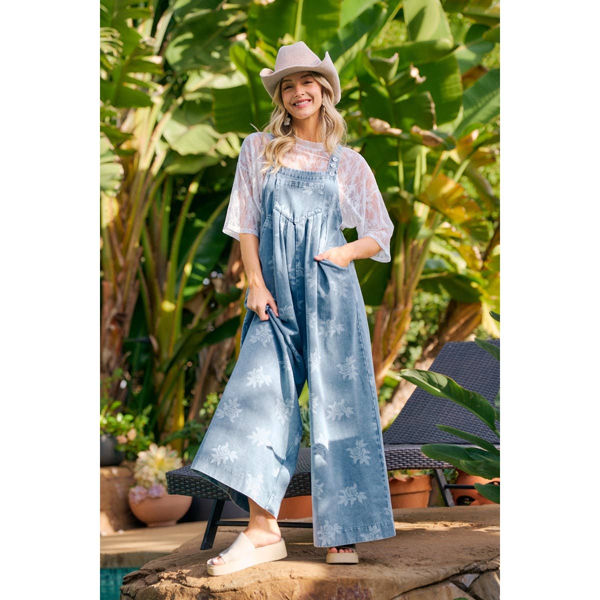 BiBi - ROSE PRINTED WASHED DENIM OVERALLS WITH PLEATS