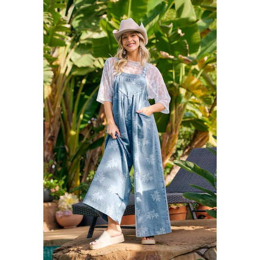 BiBi - ROSE PRINTED WASHED DENIM OVERALLS WITH PLEATS